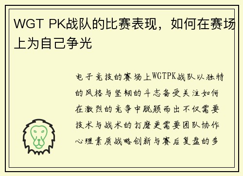 WGT PK战队的比赛表现，如何在赛场上为自己争光