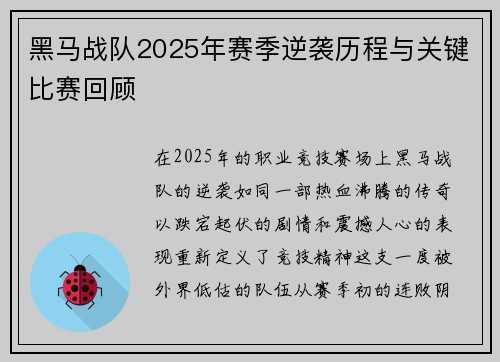黑马战队2025年赛季逆袭历程与关键比赛回顾
